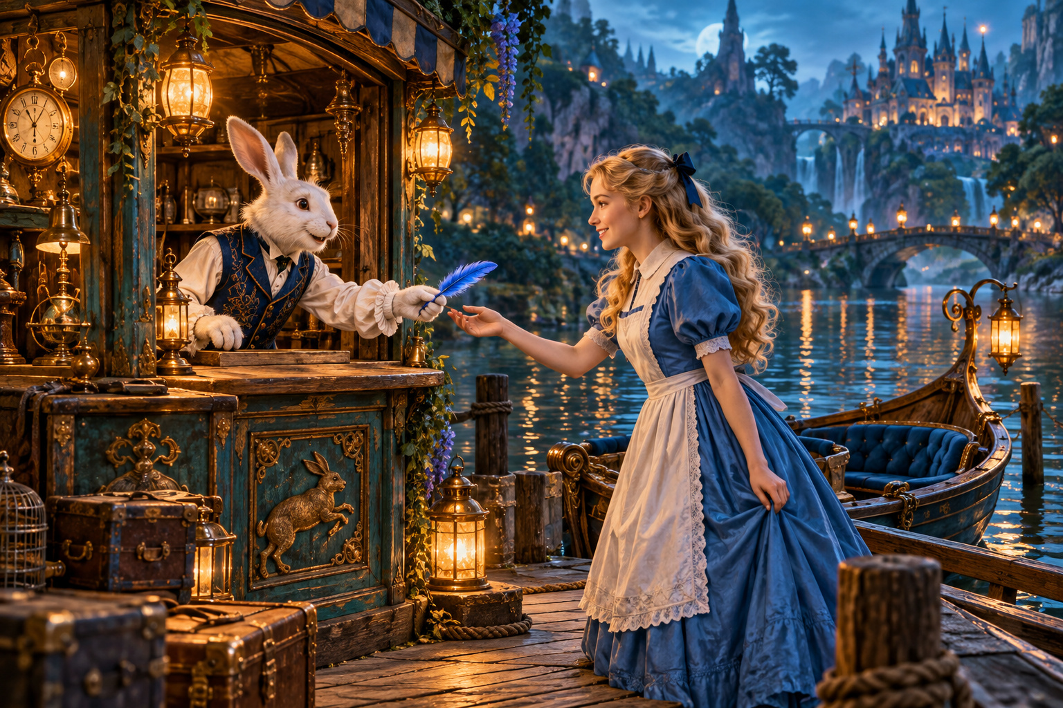 KI-generierte Illustration: Standalone travel illustration: Alice at an antique riverside ticket kiosk with a friendly white rabbit ferryman in waistcoat handing her a blue feather instead of a ticket, expressive humor, no words.