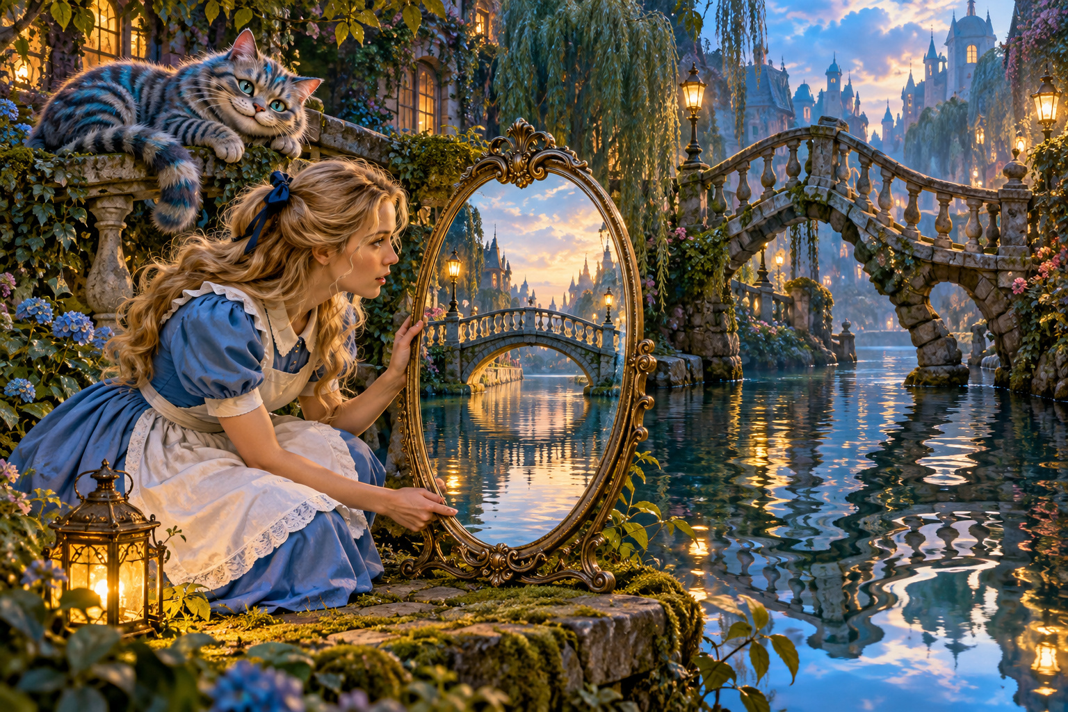 KI-generierte Illustration: Standalone travel illustration: Alice examines a mirror showing a crooked bridge reflected as straight; on a mossy canal bank a friendly smiling striped fantasy cat rests on a railing, playful magical reflections.