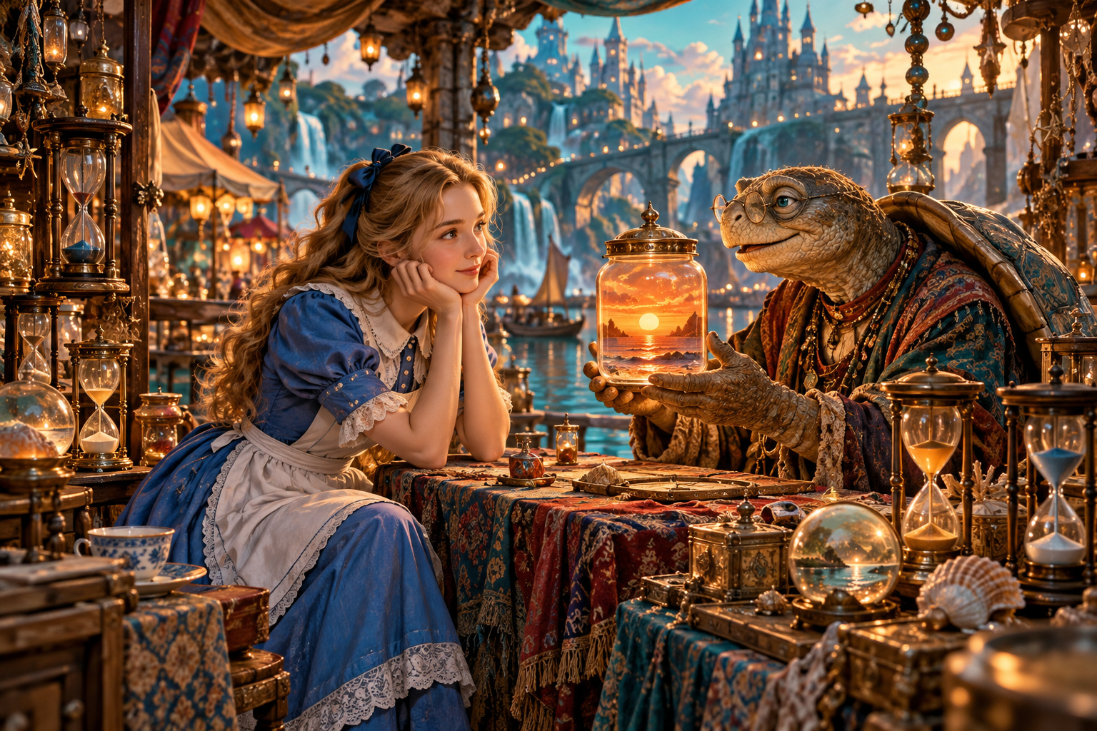 KI-generierte Illustration: Standalone travel illustration: Alice seated at an eccentric market stall watching a friendly elderly turtle merchant present a sealed transparent jar containing a tiny warm sunset, antique hourglasses around them.