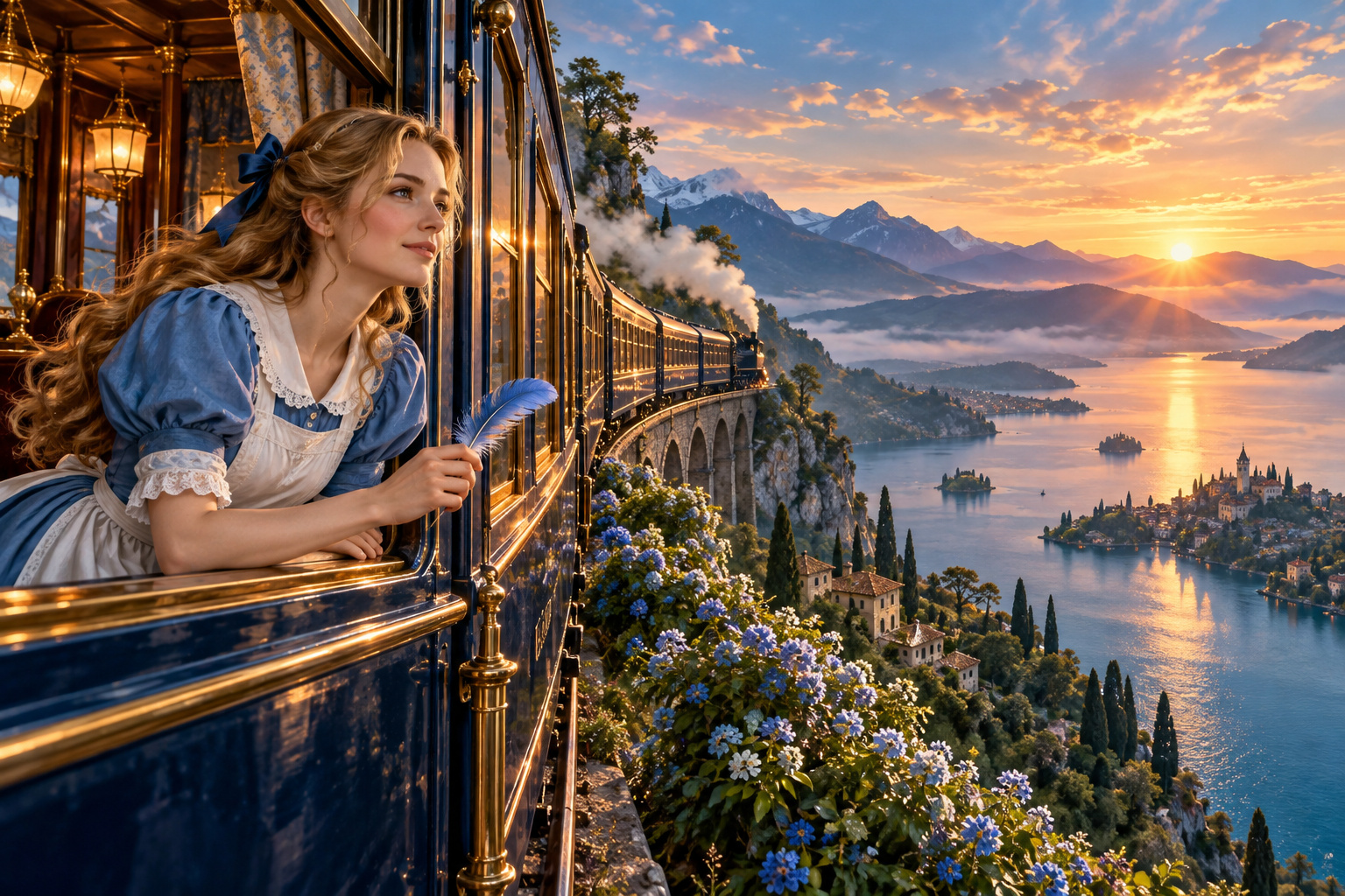 KI-generierte Illustration: Standalone travel illustration: Alice on a midnight-blue brass train at sunrise, leaning toward the open window holding a blue feather, vast lake and flowering hills beyond, gentle atmospheric ending.