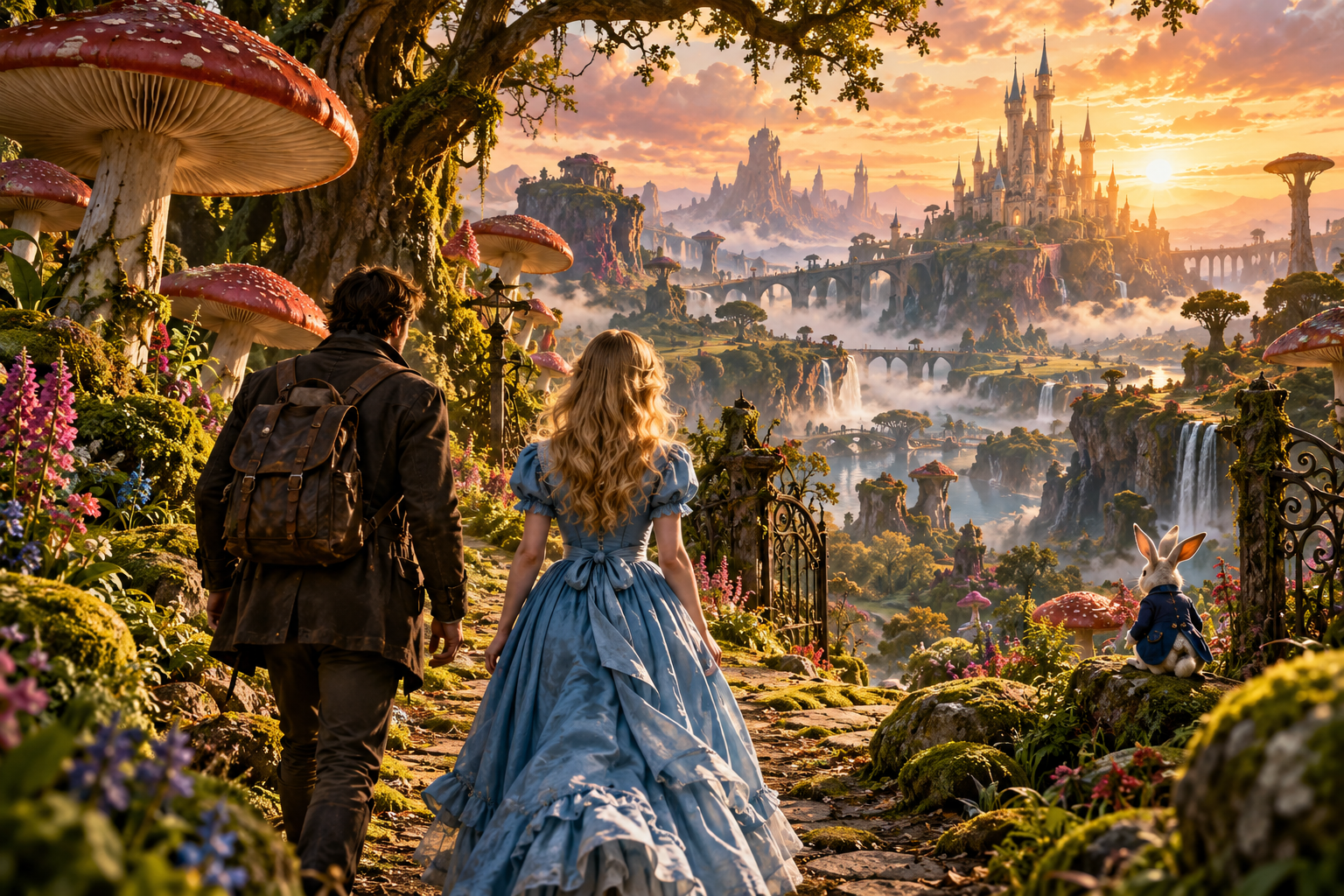 KI-generierte Illustration: Alice und ihr Reisebegleiter vor der Landschaft des Wunderlands