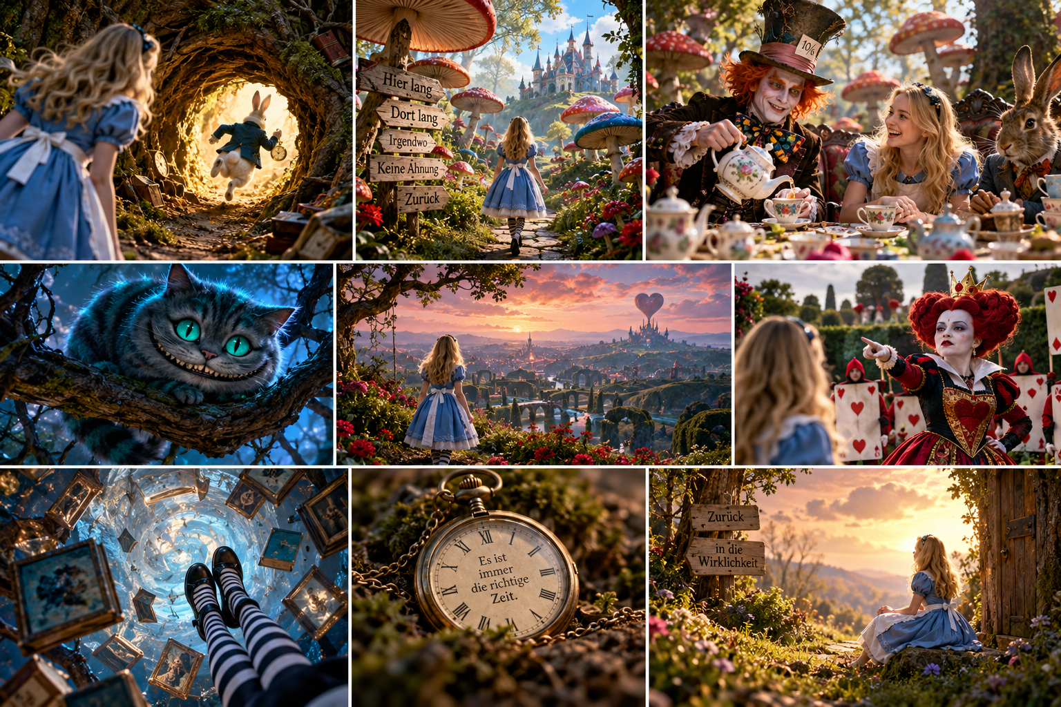 KI-generierte Illustration: Neun fantasievolle Szenen einer fiktiven Wunderlandreise